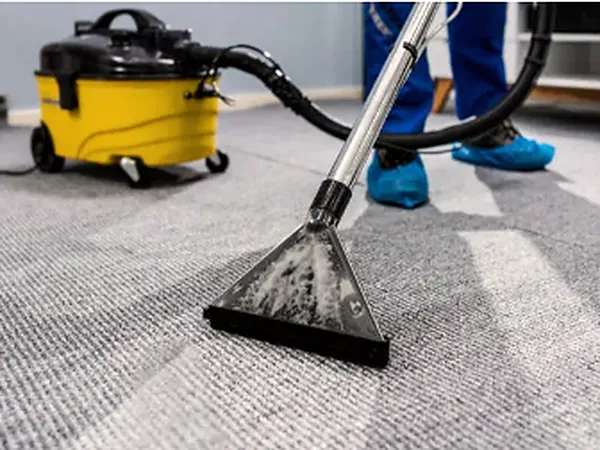 Yellow extraction machine and cleaning wand working on gray low-pile commercial carpet