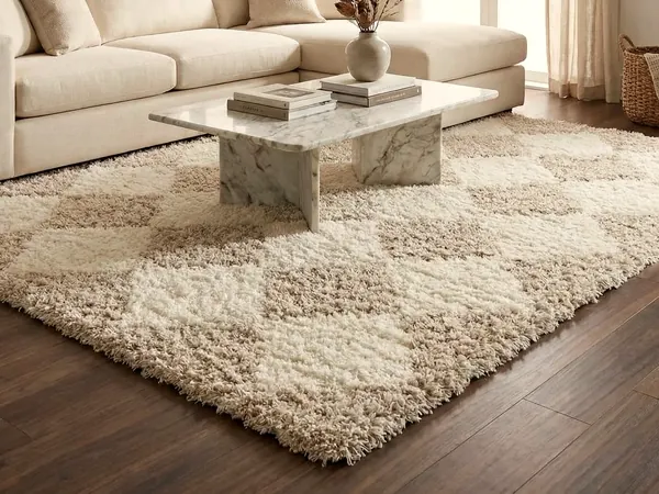 Thick cream and beige shag area rug on a dark hardwood floor under a stone coffee table
