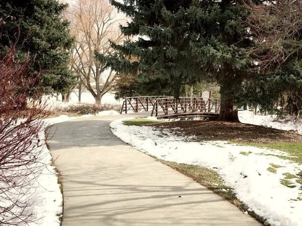 Paved walkway cleared after a snowfall